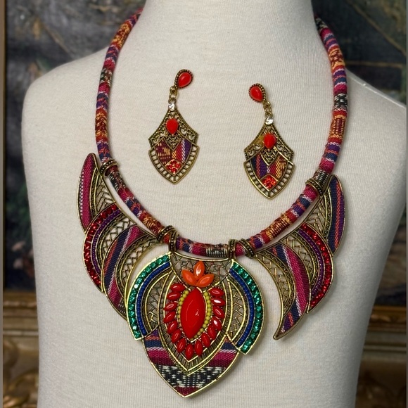 Handmade Bohemian Tribal Chunky Colorful Statement Necklace and Earring Set
